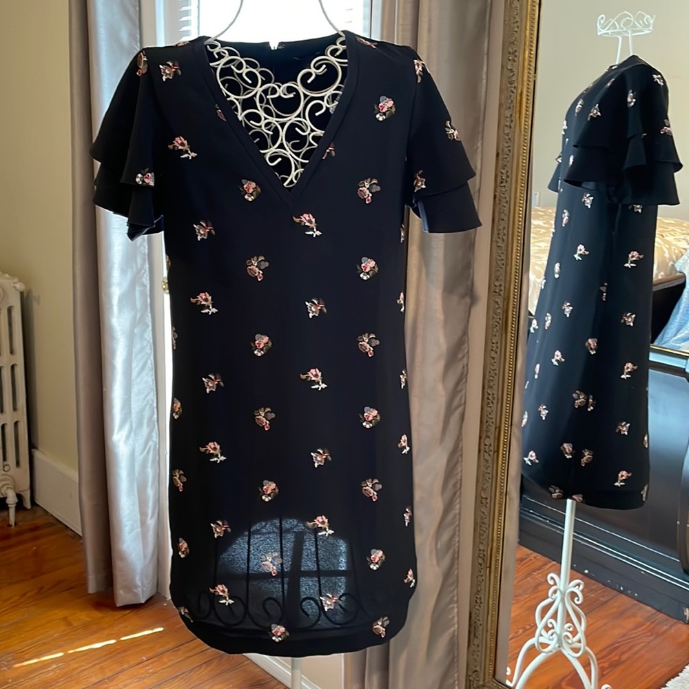 Black, floral ruffle sleeve dress